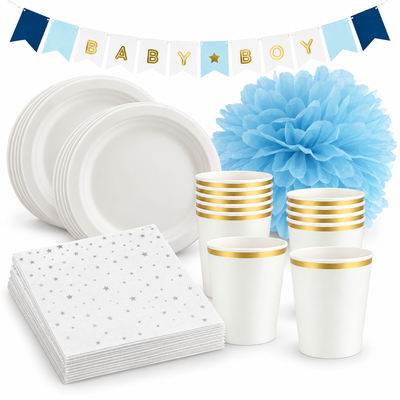 Babyshower pojke – silver och blått – fikapaket, 12 gäster – samlat paketinnehåll