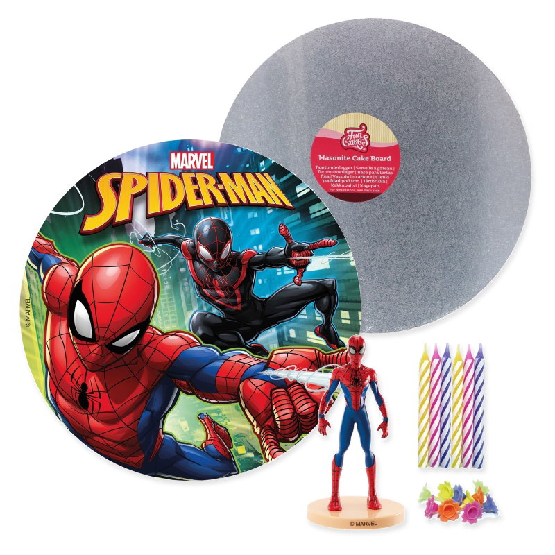 Spiderman – tårtpaket med tårtbild och motivljus – paketets samlade innehåll