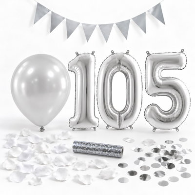 105-års festpaket, Silver, Stor – paketets dekorationer på vit bakgrund