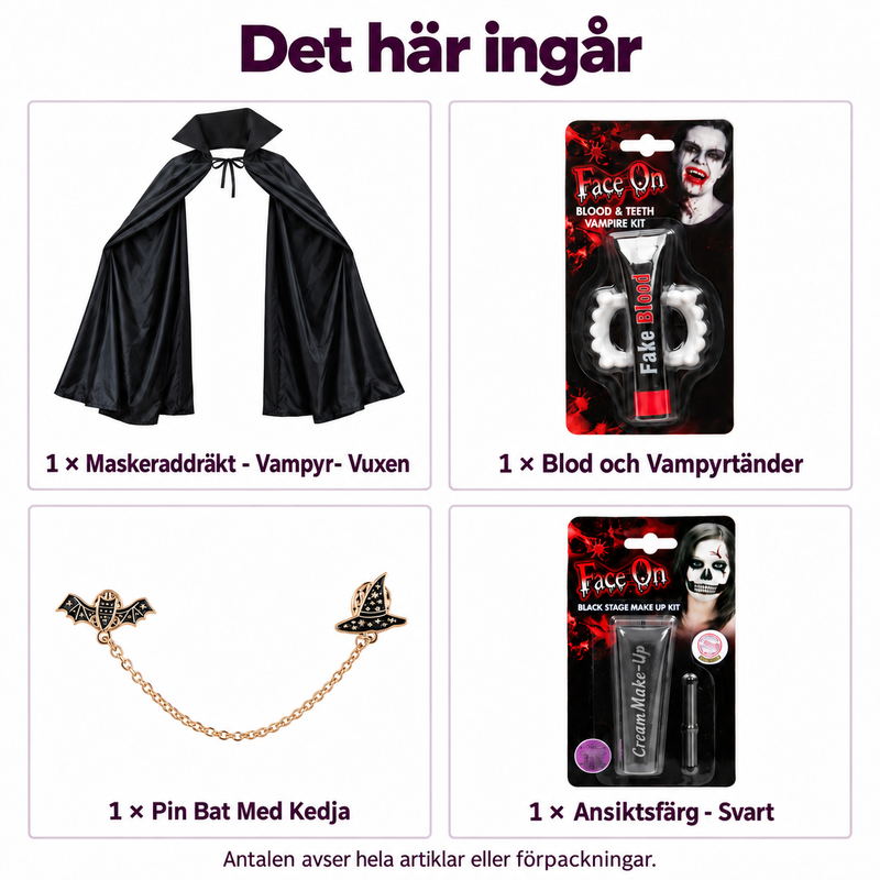 Det här ingår i Vampyr på salongsfest – vuxenkappa, tänder och fladdermuspin