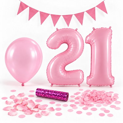 21-års festpaket, Rosa, Stor – paketets dekorationer på vit bakgrund