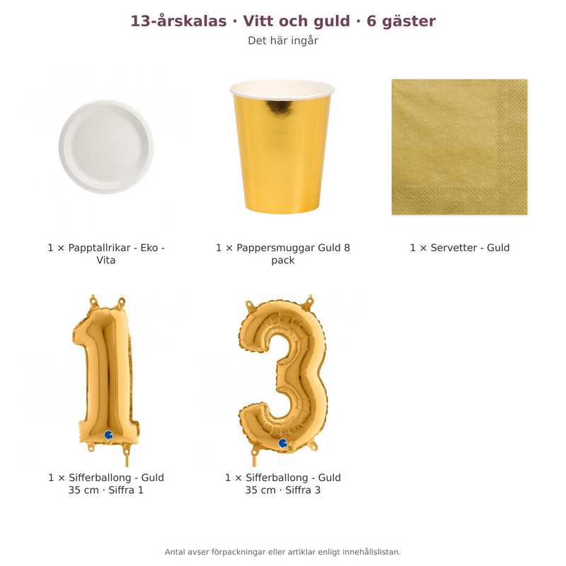 13-årskalas, Vitt och guld, kalaspaket, 6 gäster – innehåll och antal förpackningar
