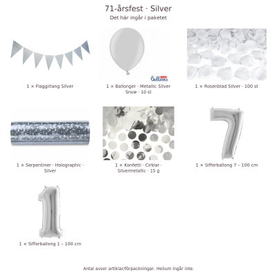 71-års festpaket, Silver, Stor – innehåll och antal förpackningar