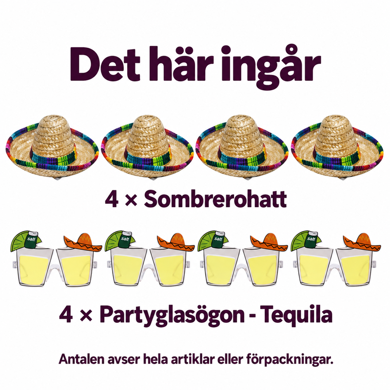 Tacofest – sombreros och partyglasögon för fyra – innehåll och antal