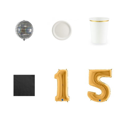 15-årskalas, Discokalas, kalaspaket, 6 gäster – paketets produkter med sifferballong 100 cm