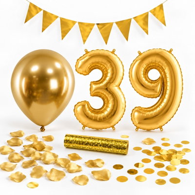 39-års festpaket, Guld, Stor – paketets dekorationer på vit bakgrund