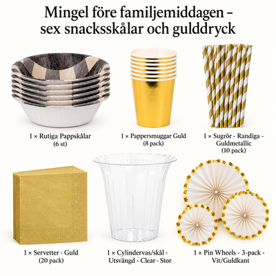 Mingel före familjemiddagen – sex snacksskålar och gulddryck – innehåll och antal försäljningsförpackningar