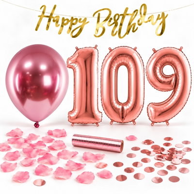 109-års festpaket, Roséguld, Stor – paketets dekorationer på vit bakgrund