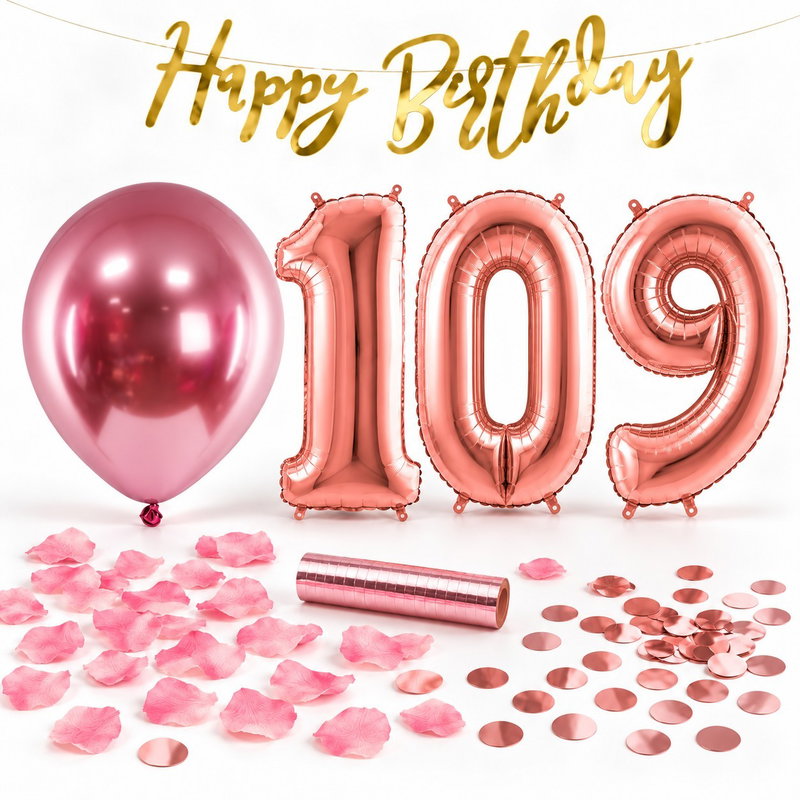 109-års festpaket, Roséguld, Stor – paketets dekorationer på vit bakgrund