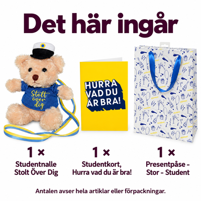 Studentpresent – en nalle, ett gratulationskort och presentpåse – innehåll och antal