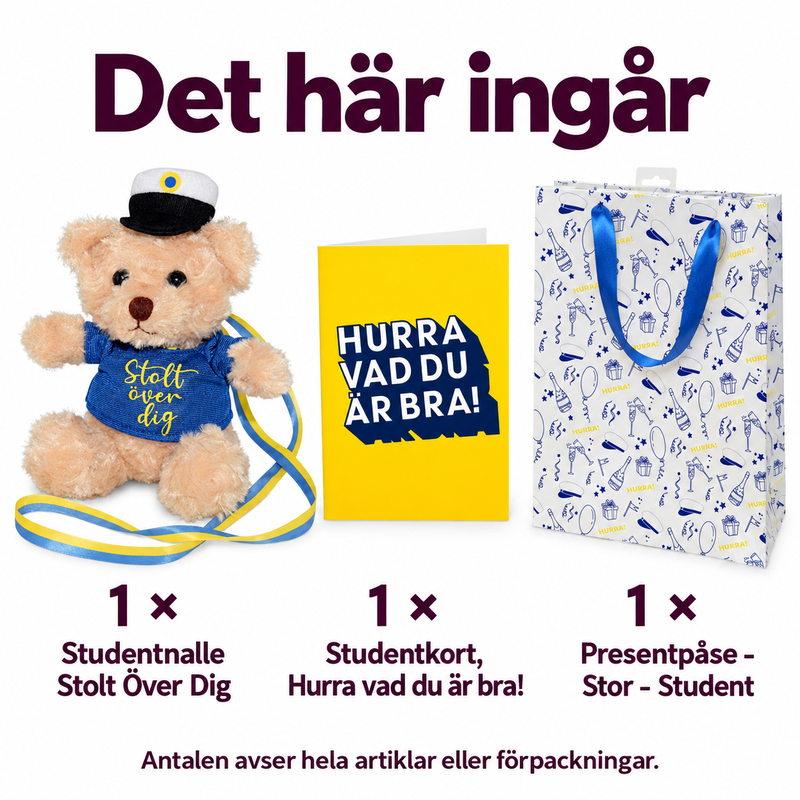 Studentpresent – en nalle, ett gratulationskort och presentpåse – innehåll och antal