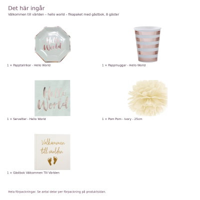 Välkommen till världen – hello world – fikapaket med gästbok, 8 gäster – innehåll och antal förpackningar