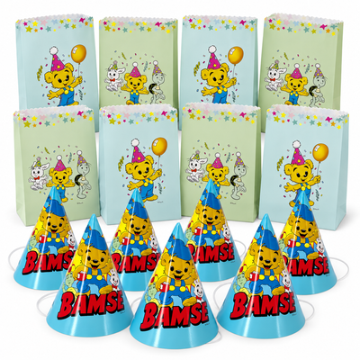 Bamse – kalaspåsar och partyhattar för 8 barn – paketets produkter