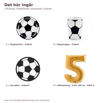 5-årskalas, Fotbollskalas, kalaspaket, 6 gäster – innehåll och antal, sifferballong 100 cm