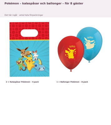 Pokémon – kalaspåsar och ballonger – för 8 gäster – innehåll och antal