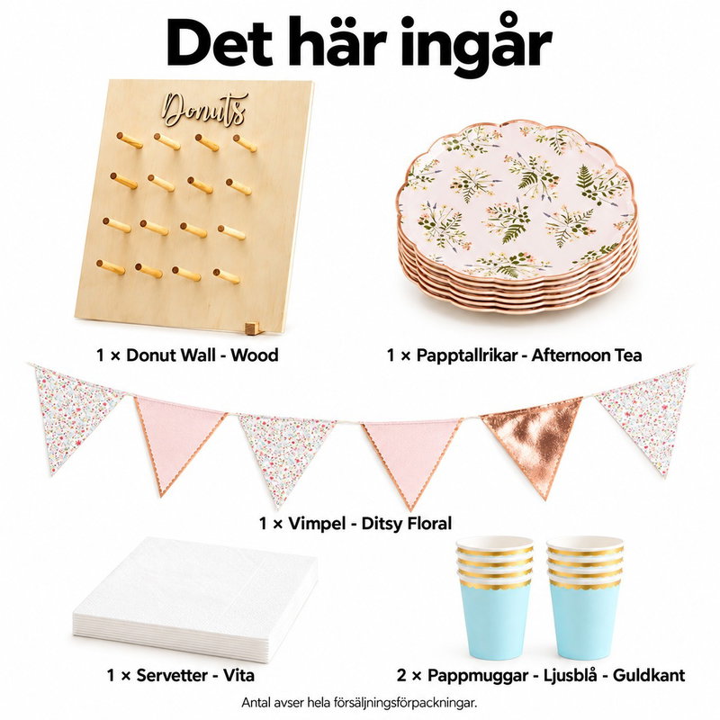 Donutfrukost i trädgården – åtta platser och sexton ringar – innehåll och antal försäljningsförpackningar