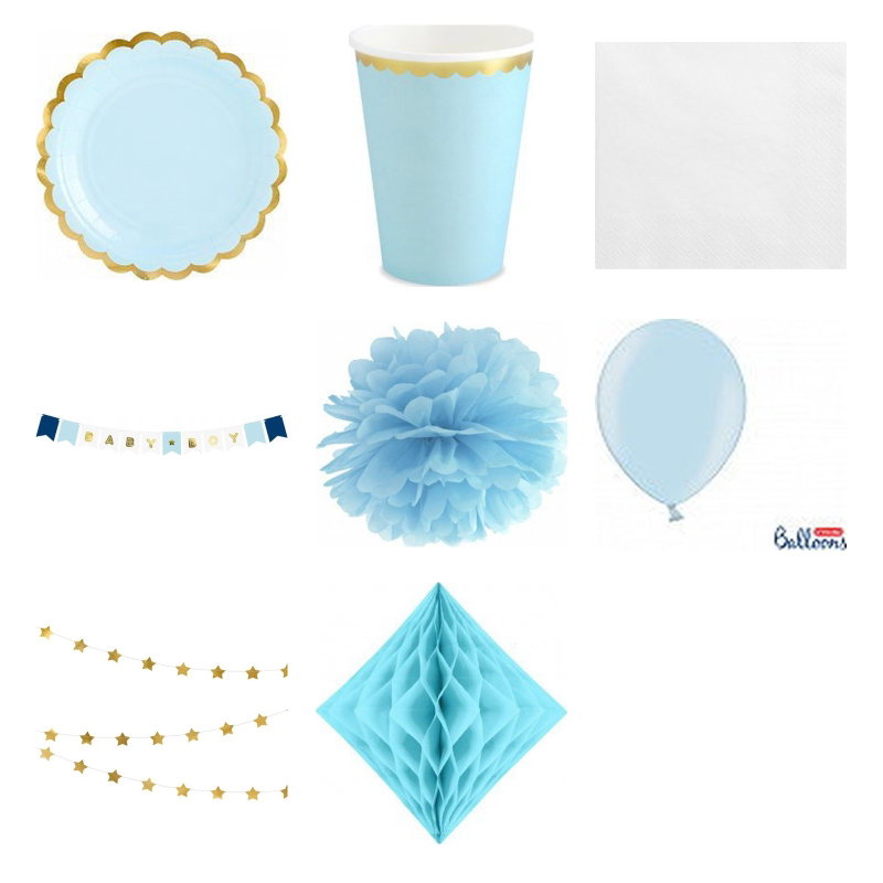 Babyshower pojke – blå och guld – fika och dekorationer, 6 gäster – produktöversikt