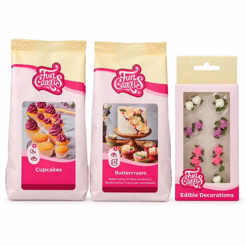 Produktöversikt: Vita bröllopscupcakes med rosor och smörkräm