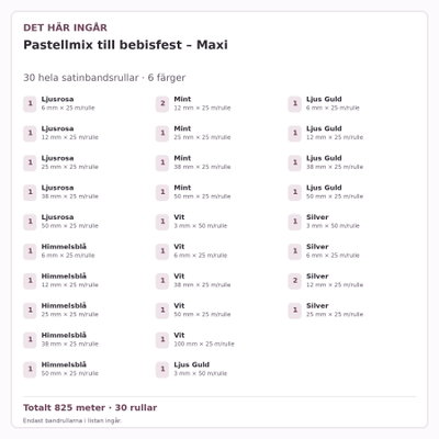 Det här ingår – Satinbandspaket – Pastellmix till bebisfest – Maxi – 30 rullar