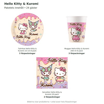 Hello Kitty & Kuromi – dukningspaket för 24 gäster – innehåll och antal