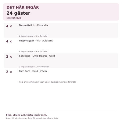 Dop och namngivning – vitt och guld – fikadukning & dekorationer, 24 gäster – innehåll och antal