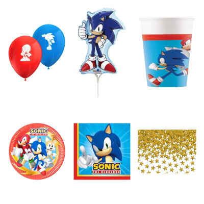 Sonic, kalaspaket med dukning och dekorationer, 24 gäster – översikt av ingående produkttyper