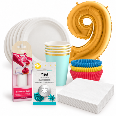 9-årskalas, Bakkalas – dekorera cupcakes, kalaspaket, 6 gäster – samlat paketinnehåll