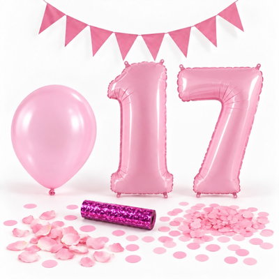 17-års festpaket, Rosa, Stor – paketets dekorationer på vit bakgrund