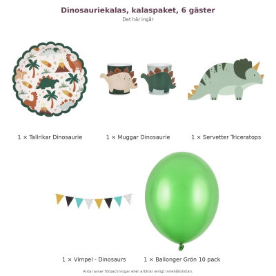 Dinosauriekalas, kalaspaket, 6 gäster – innehåll och antal förpackningar