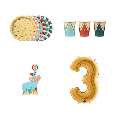 3-årskalas, Cirkus, kalaspaket, 6 gäster – paketets produkter med sifferballong 100 cm