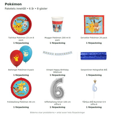Pokémon – 6-årskalas – kalaspaket för 8 gäster – innehåll och antal