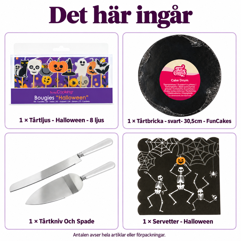 Det här ingår: Halloweenkakans ljuspunkt – skär upp vid dessertbordet