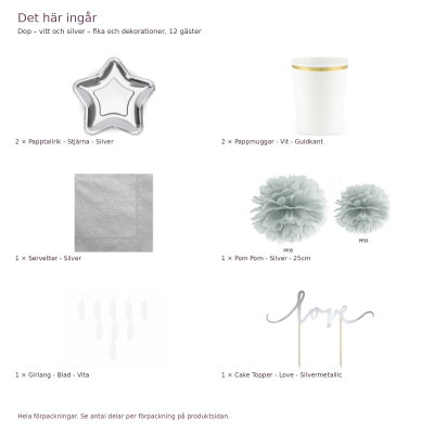 Dop – vitt och silver – fika och dekorationer, 12 gäster – innehåll och antal förpackningar