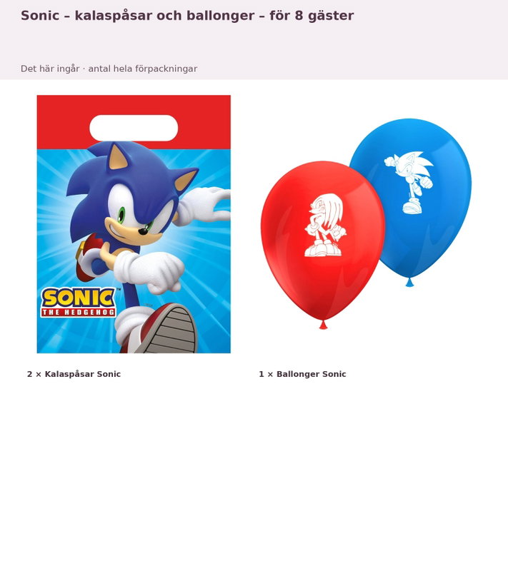 Sonic – kalaspåsar och ballonger – för 8 gäster – innehåll och antal