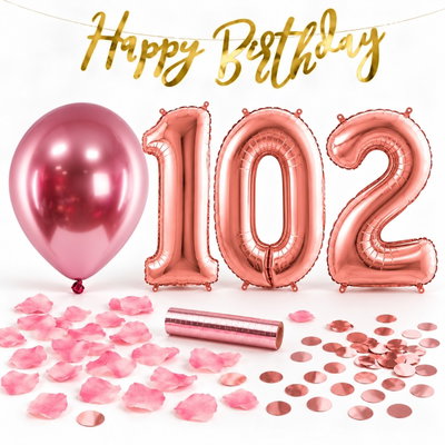102-års festpaket, Roséguld, Stor – paketets dekorationer på vit bakgrund