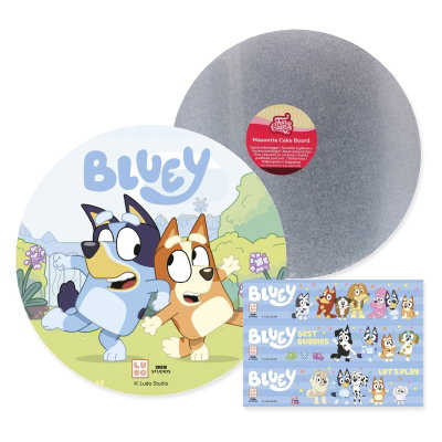 Bluey – tårtpaket med tårtbild och dekorband – paketets samlade innehåll