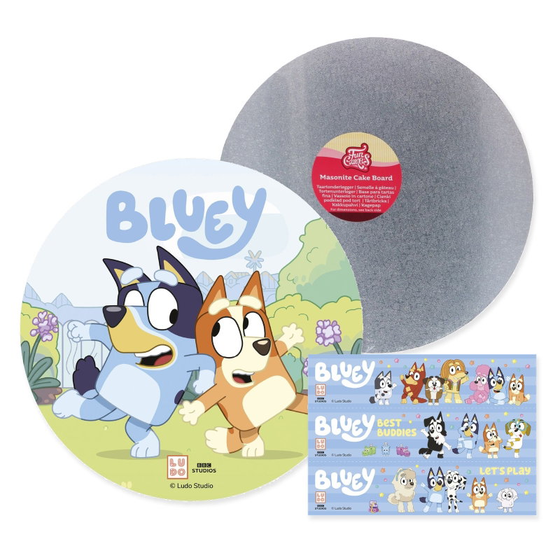 Bluey – tårtpaket med tårtbild och dekorband – paketets samlade innehåll