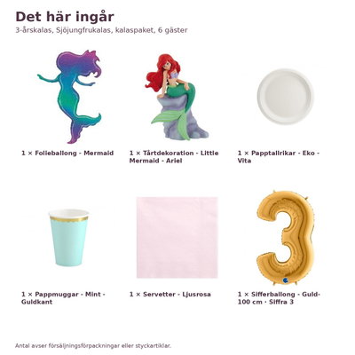 3-årskalas, Sjöjungfrukalas, kalaspaket, 6 gäster – innehåll och antal, sifferballong 100 cm