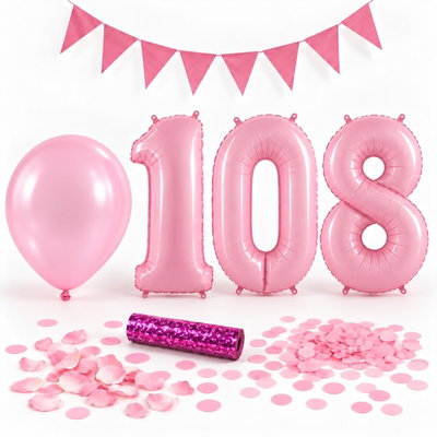 108-års festpaket, Rosa, Stor – paketets dekorationer på vit bakgrund