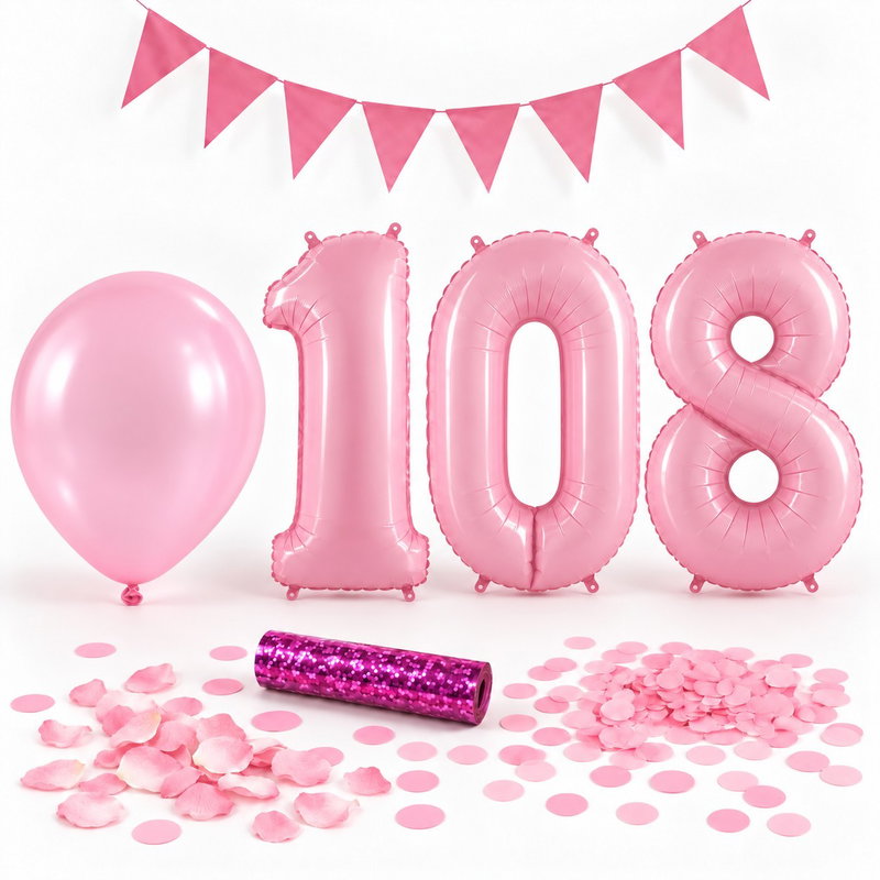108-års festpaket, Rosa, Stor – paketets dekorationer på vit bakgrund