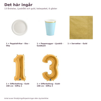 13-årskalas, Ljusblått och guld, kalaspaket, 6 gäster – innehåll och antal, sifferballong 100 cm
