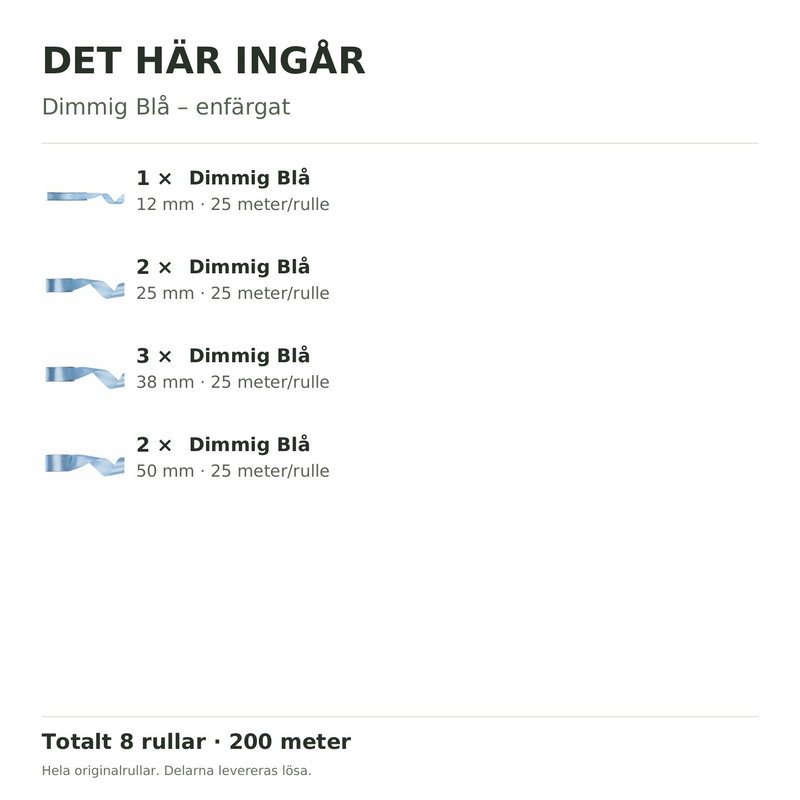 Det här ingår – Satinbandspaket – Dimmig Blå – 8 rullar