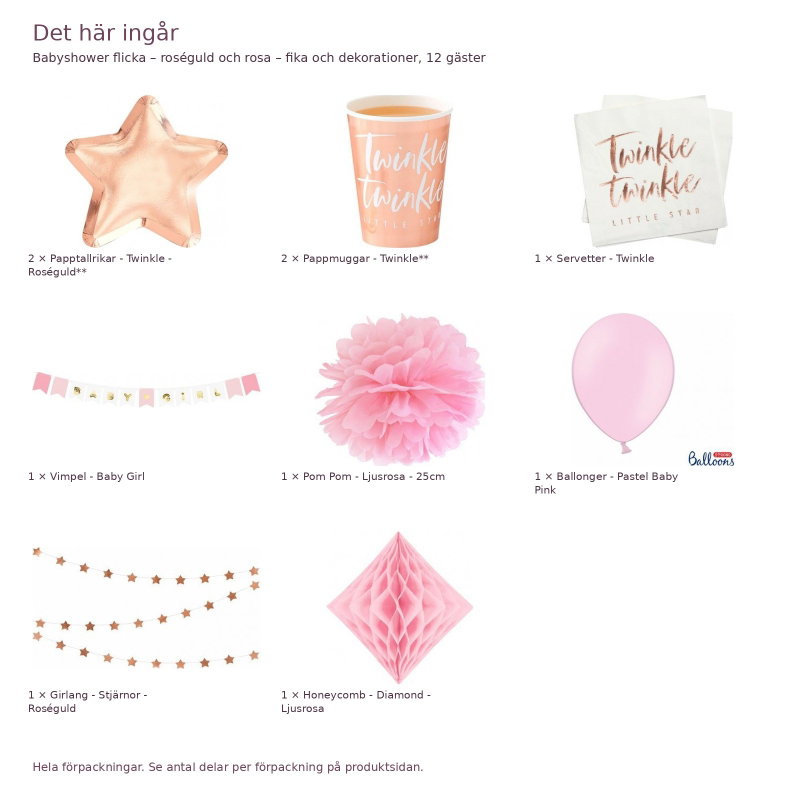Babyshower flicka – roséguld och rosa – fika och dekorationer, 12 gäster – innehåll och antal förpackningar