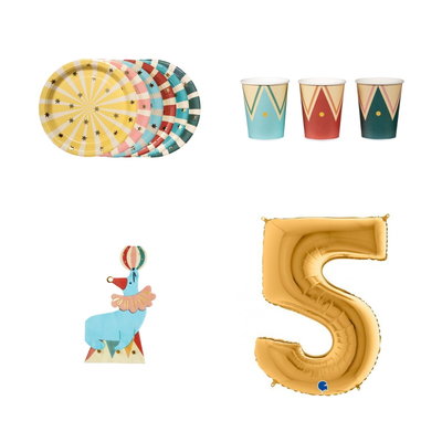 5-årskalas, Cirkus, kalaspaket, 6 gäster – paketets produkter med sifferballong 100 cm