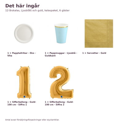 12-årskalas, Ljusblått och guld, kalaspaket, 6 gäster – innehåll och antal, sifferballong 100 cm