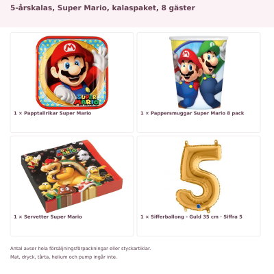 5-årskalas, Super Mario, kalaspaket, 8 gäster – innehåll och antal förpackningar