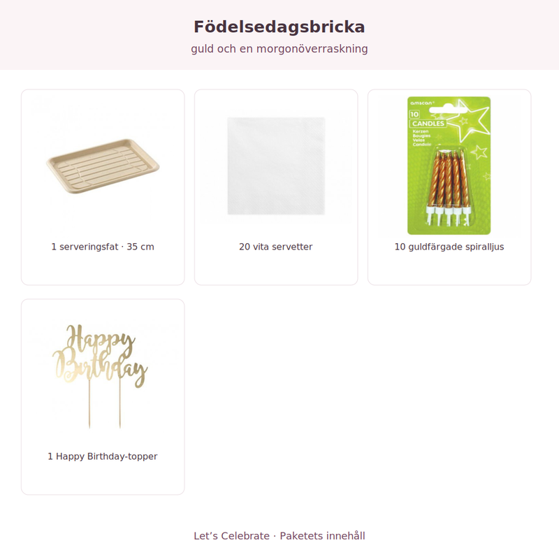 Innehåll och antal: Födelsedagsbricka – guld och en morgonöverraskning