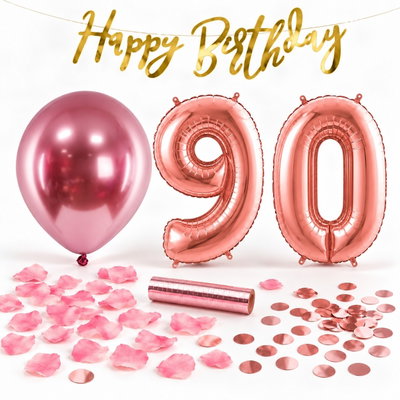 90-års festpaket, Roséguld, Stor – paketets dekorationer på vit bakgrund