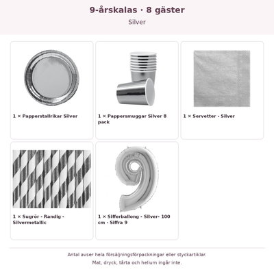 9-årskalas, Silver, kalaspaket, 8 gäster – innehåll och antal förpackningar