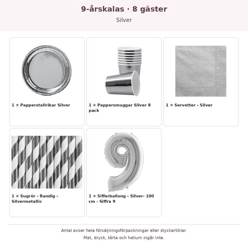 9-årskalas, Silver, kalaspaket, 8 gäster – innehåll och antal förpackningar